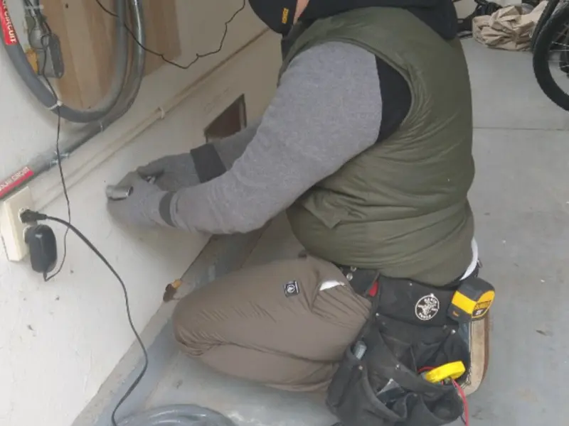 Electrician performing outlet wiring in a Kinderhook garage